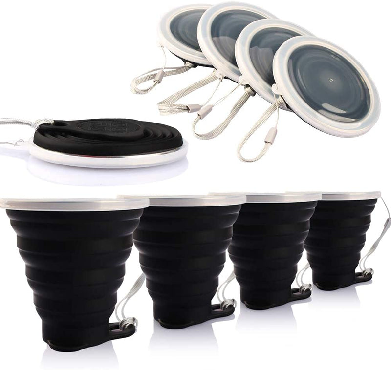 [Australia - AusPower] - ME.FAN Silicone Collapsible Travel Cup - Silicone Folding Camping Cup with Lids - Expandable Drinking Cup Set - Portable, Graduated [9.22oz] 4 Pack-Black 
