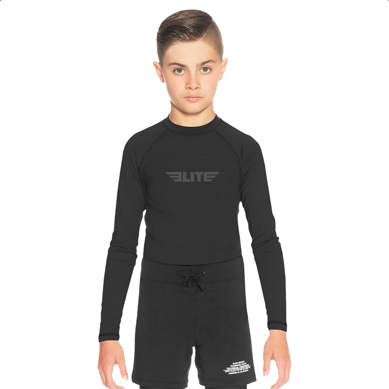[Australia - AusPower] - Elite Sports Rash Guards for Boys and Girls, Full Sleeve Compression BJJ Kids and Youth Rash Guard Black Small 