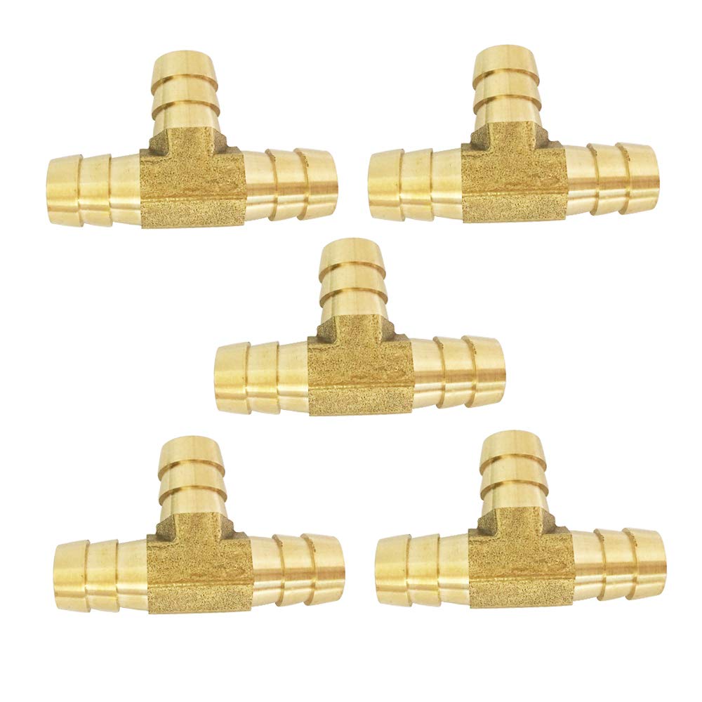 [Australia - AusPower] - 5/16" Brass Barbed Tee, 5/16" x 5/16" x 5/16" Hose Barb Fitting 3 Way Connector Fuel/Air/Gas/Water 5pcs 5/16" 
