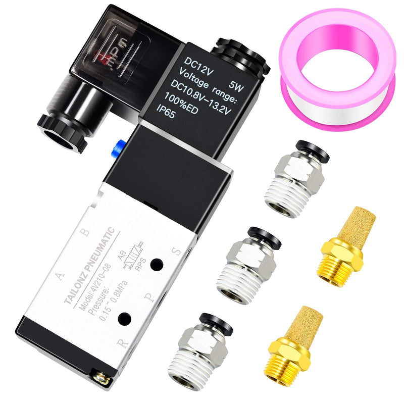 [Australia - AusPower] - TAILONZ PNEUMATIC 1/4"NPT Solenoid Valve 4V210-08 12V/24V/110V/220V Single Coil Pilot-Operated Electric 2 Position 5 Way Connection Type DC12V 