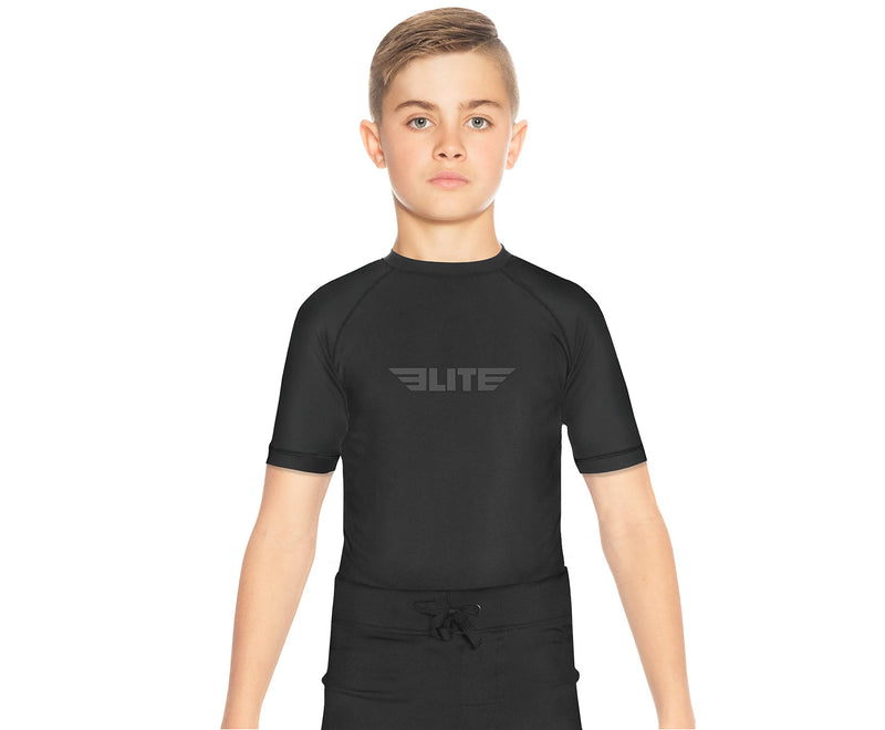 [Australia - AusPower] - Elite Sports Rash Guards for Boys and Girls, Short Sleeve Compression BJJ Kids and Youth Rash Guard Black Small 