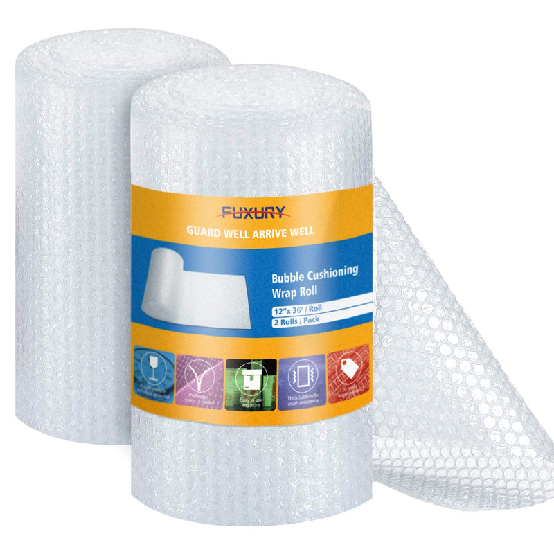 [Australia - AusPower] - Fuxury Bubble Cushion Wrap Roll, Air Bubble Cushioning Wrap Roll- 2 Rolls 72 Feet Total,Perforated Every 12",Included 20 Fragile Sticker Labels for Packaging Moving Shipping Boxes Supplies Transparent 12"x72' 