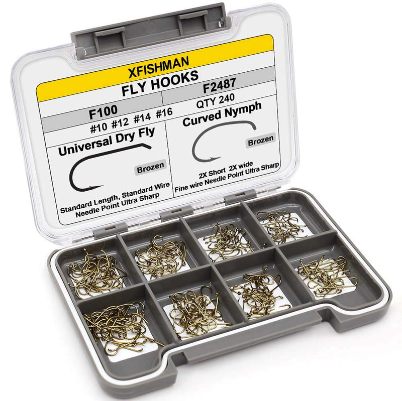 [Australia - AusPower] - XFISHMAN Fly-Hooks-for-Fly-Tying-Dry-Wet-Barbless-BL-Nymph-Flies Curved Czech Scud Fishing Hooks 10# ~16# Assortment Pack of 100-240 Hooks with Box Fly Hooks F100&F2487 Qty 240 
