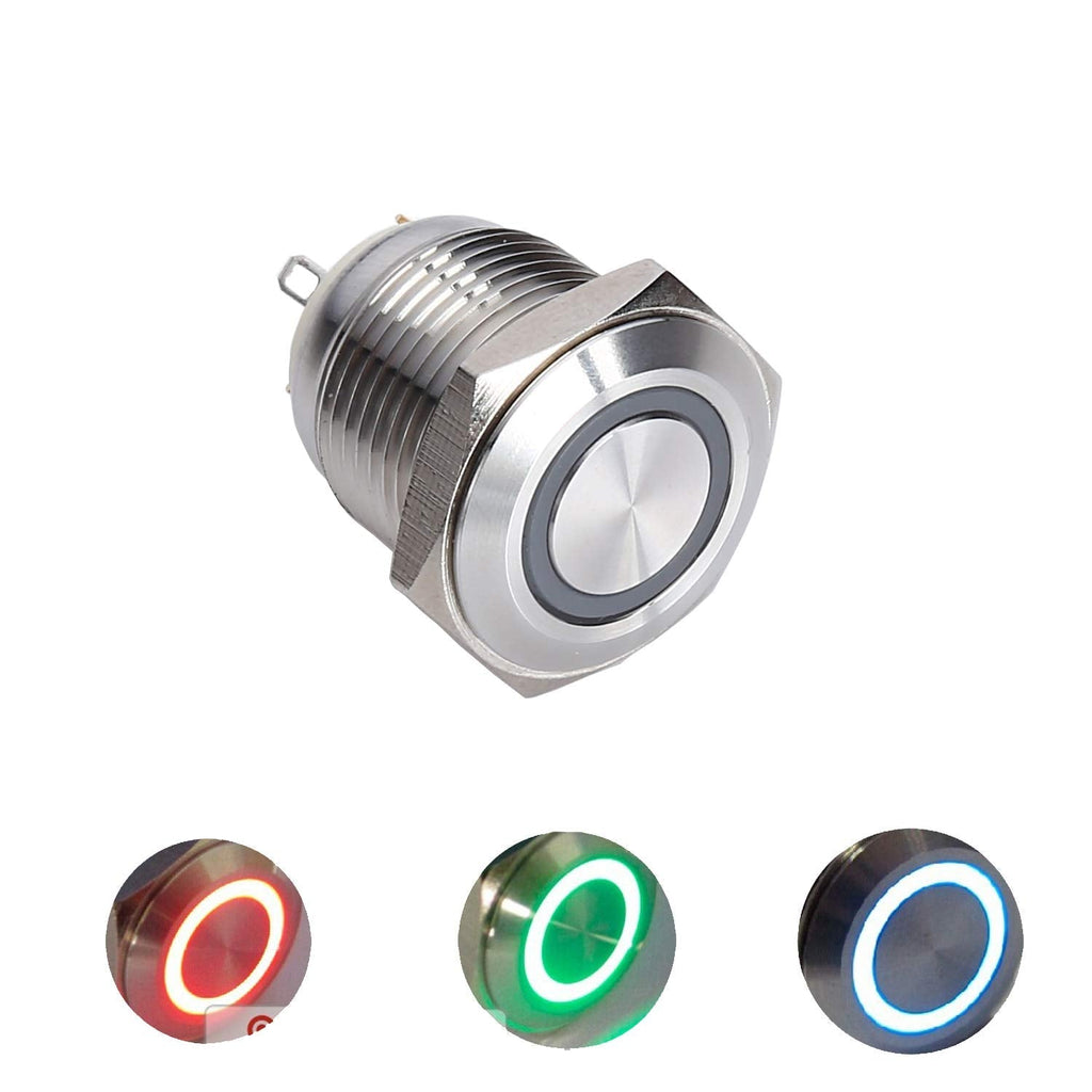 [Australia - AusPower] - 16mm Momentary Tri-Color (RGB) Push Button Switch, 12V Ring LED Illuminated, Stainless Steel Water Proof(Pack of 1) GQ16F-10E/J/42RGB/12V/S 