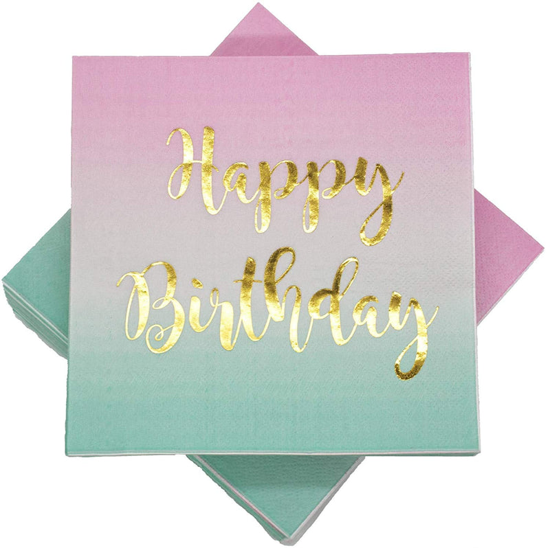 [Australia - AusPower] - 100 Count Happy Birthday Napkins 3 Ply Pink to Teal Ombre Luncheon Napkin with Metallic Gold Foil for Dinner Celebration Party Favor Supplies Decorations by Ideal Parties! 