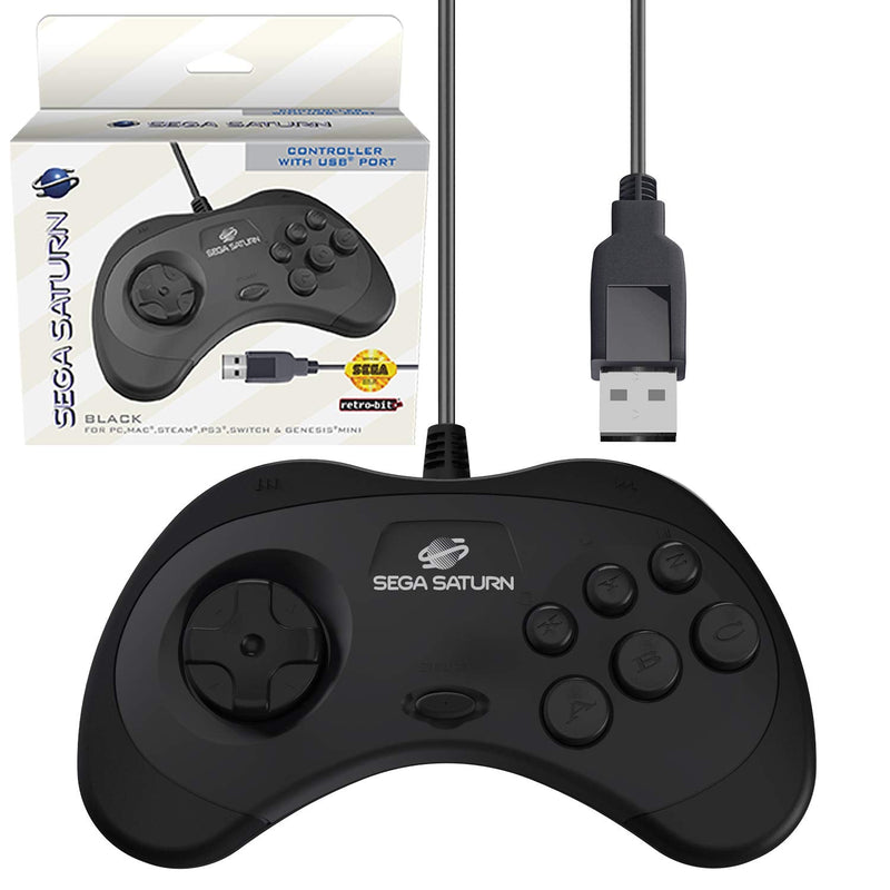 [Australia - AusPower] - Retro-Bit Official Sega Saturn USB Controller Pad (Model 2) for Sega Genesis Mini, PS3, PC, Mac, Steam, Switch - USB Port (Black) 