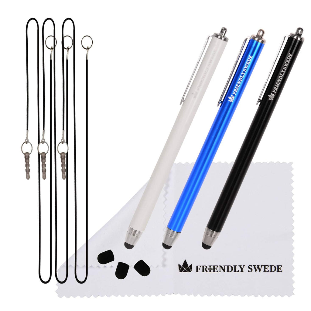 [Australia - AusPower] - High Precision Stylus Pens for Touch Screens - 3pcs 5.5" Stylus Pen with Replaceable Thin-Tip - Universal Capacitive Styli + Tips, Lanyards, Cleaning Cloth by The Friendly Swede (Black/Blue/White) Black/Blue/White 