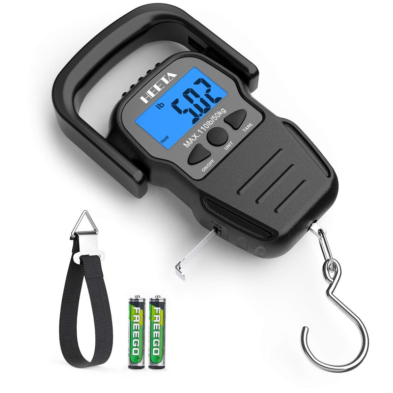 [Australia - AusPower] - HEETA Fish Scale with Backlit LCD Display, Digital Portable Hanging Scale Luggage Scale with Measuring Tape for Home and Outdoor, 2 AAA Batteries Included Black 
