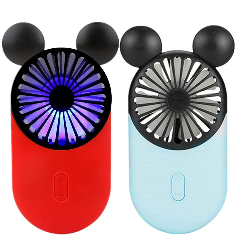 [Australia - AusPower] - Kbinter Cute Personal Mini Fan, Handheld & Portable USB Rechargeable Fan with Beautiful LED Light, 3 Adjustable Speeds, Portable Holder, for Indoor Outdoor Activities, Cute Mouse 2 Pack (Red+Blue) Red+blue 