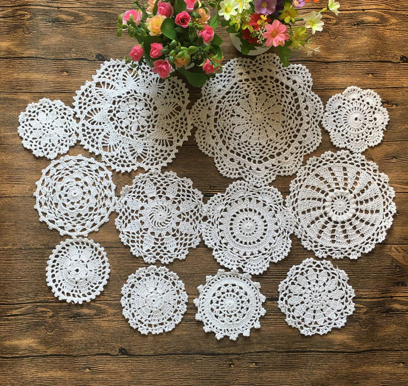 [Australia - AusPower] - MINDPLUS Set of 12 Hand Crochet Doilies Cotton Crocheted Lace Doilies 4-10 Inches Round White Vintage (12pcs white) 12pcs White 