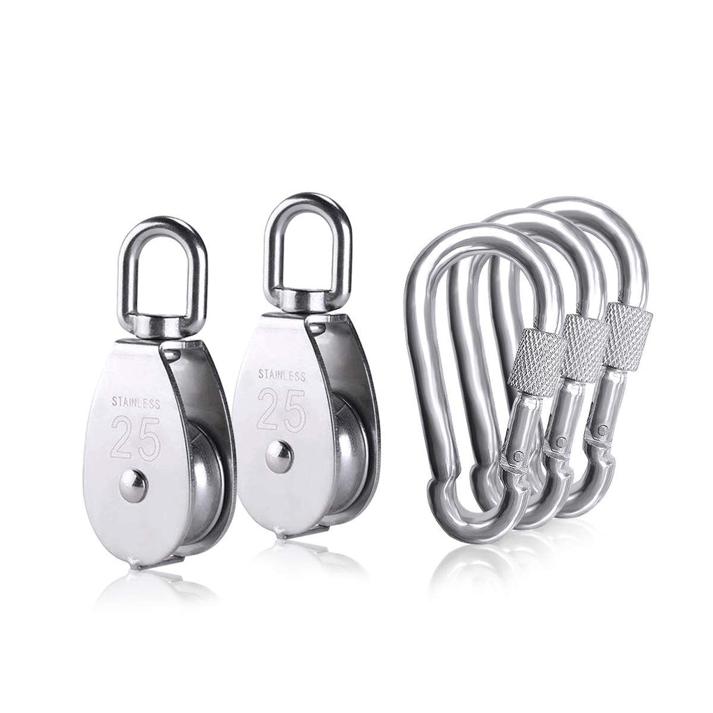 [Australia - AusPower] - 2pcs M25 Single Pulley Block with 3pcs Spring Snap Hook Carabiner, Heavy Duty 304 Stainless Steel Pulley Roller & 3'' Spring snap Hooks, Pully Crane Swivel Hook Wire Rope Cable Loading 331lbs/150 kg 5pcs 