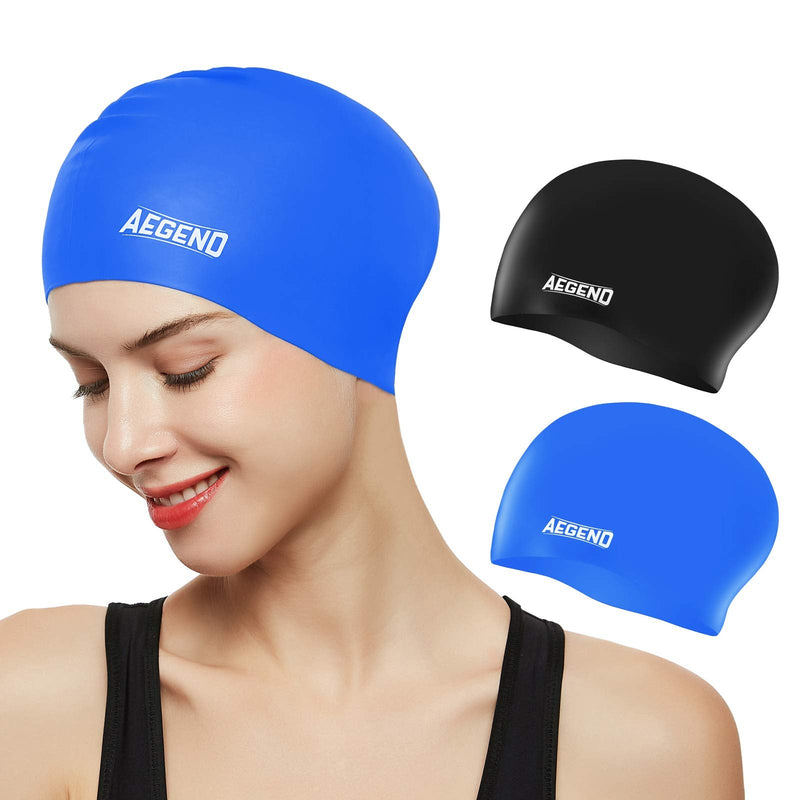 [Australia - AusPower] - Aegend Swim Caps for Long Hair (2 Pack), Durable Silicone Swimming Caps for Women Men Adults Youths Kids, Easy to Put On and Off, 4 Colors 