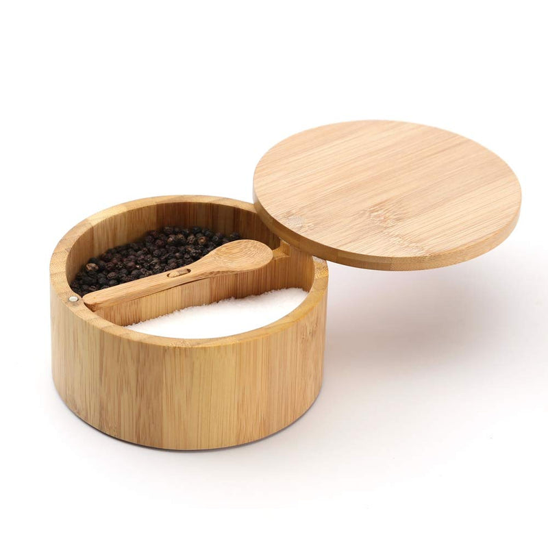 [Australia - AusPower] - KITCHENDAO Bamboo Salt and Pepper Bowl Box - Built-in Serving Spoon to Prevent Lost - Swivel Lid with Magnet to Keep Dry, Dust-free - Salt Cellar Seasoning Container Holder - Dual 7 Ounce Capacity 