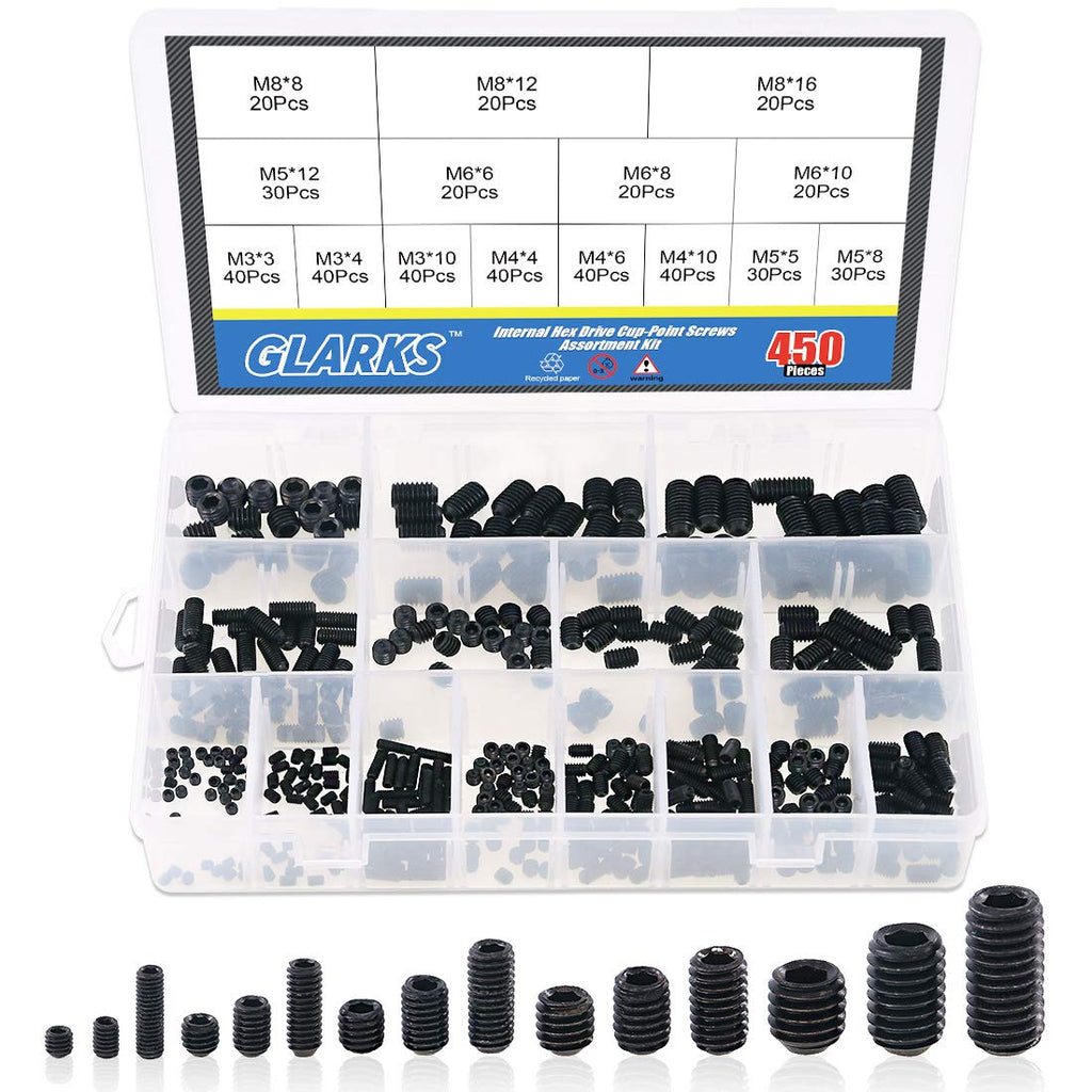 [Australia - AusPower] - Glarks 450Pcs M3/M4/M5/M6/M8 Allen Head Socket Set Screw, 12.9 Class Black Alloy Steel Internal Hex Drive Grub Screw Assortment Kit 