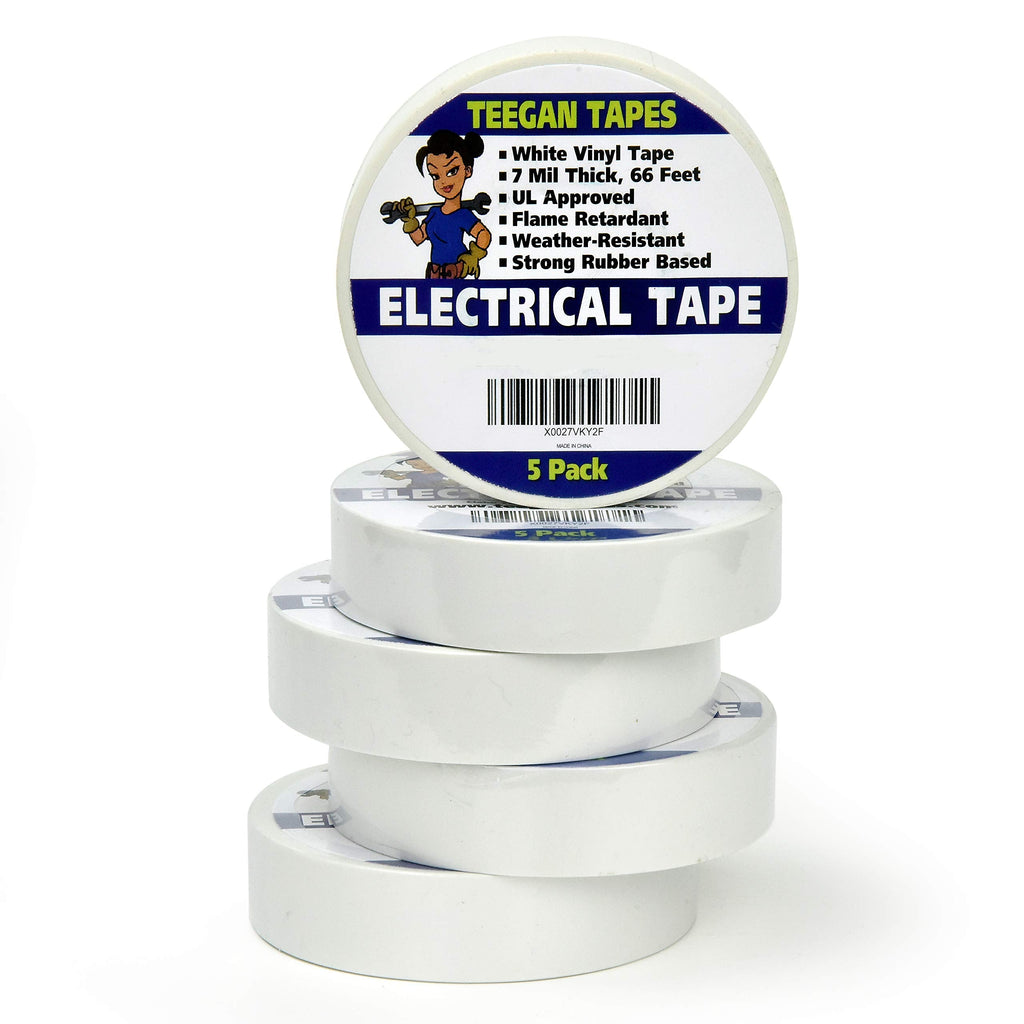 [Australia - AusPower] - White Electrical Tape - Vinyl Electric Tape (5 Pack) | 7 mil Thick Vinyl Tape 3/4 Inch Wide 66 Foot Long Roll | Strong Rubber Base | Flame Retardant, Temperature & Weather Resistant (White) White 