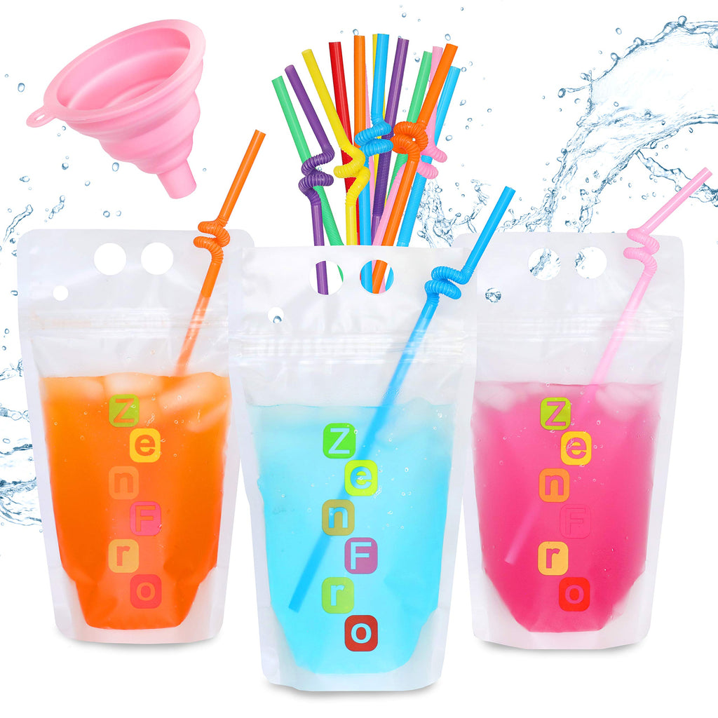 [Australia - AusPower] - ZenFro 50-Pcs Premium Smoothie Bags with 50 Straws & a Funnel for Adults and Kids - Reclosable Plastic Drinking Pouches for Hot & Cold Frozen Drinks - Heavy Duty, Non-BPA, Zipper Juice Bags Containers 