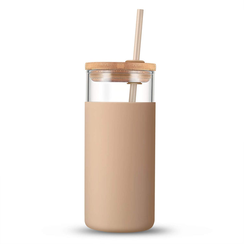 [Australia - AusPower] - tronco 20oz Glass Tumbler Glass Water Bottle Straw Silicone Protective Sleeve Bamboo Lid - BPA Free (Amber) Amber 1 Count (Pack of 1) 