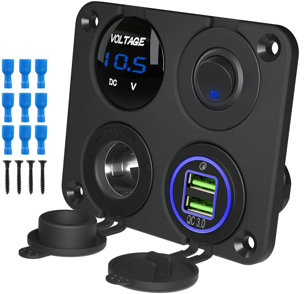 [Australia - AusPower] - Kohree 12V Marine Car Charger Socket Panel, 4 in 1 Waterproof Boat Cell Phone Rocker Switch Panel with Dual QC3.0 USB Power Outlet Cigarette Lighter Socket for RV Marine Boat Camper Truck Automotive 