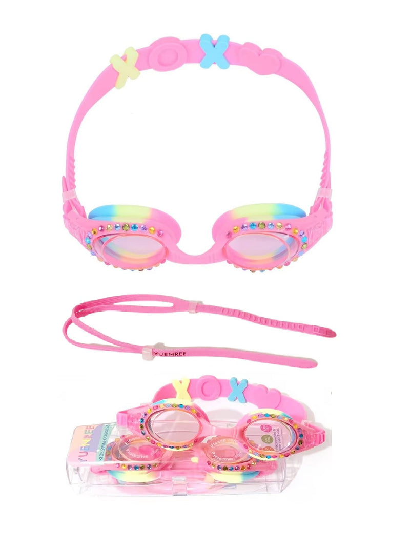 [Australia - AusPower] - YUENREE Bling Swimming Goggles for Girls Ages 3-14 - Anti-Fog, UV Protection, Easy to Adjust - with Hard Travel Case 01: Clear Lens W/ Rainbow 