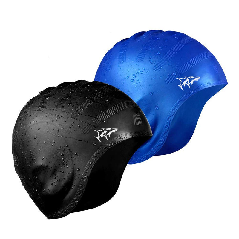 [Australia - AusPower] - Swim Cap for Long Hair 2 Pack Thicker Design Solid Silicone Waterproof Swimming Caps for Woman Adults and Men Black+Blue 