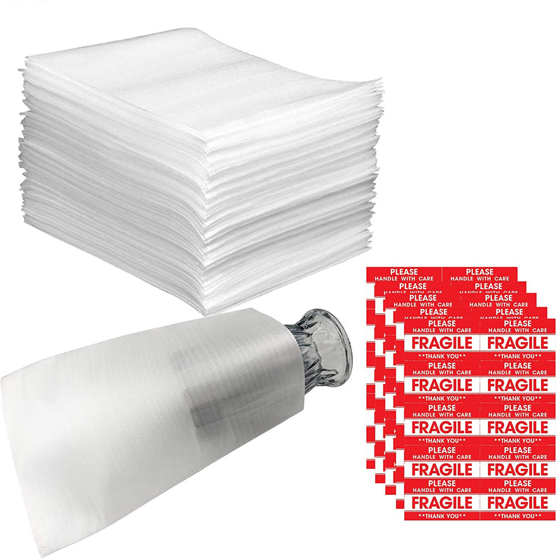 [Australia - AusPower] - 100 PCS 7.8”x 12.2" Foam Wrap Cushion Pouches (0.75mmThickness) with 10 Pack Fragile Stickers Labels(60 pcs) Protect Dishes Glasses Porcelain and Fragile Items for Moving 