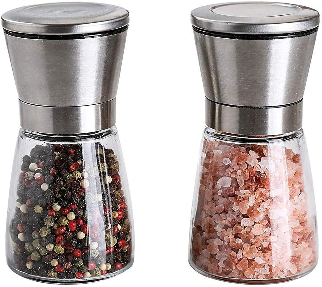 [Australia - AusPower] - 2 Packs Salt and Pepper Mills Brushed Stainless Steel Salt and Pepper Grinder Set(Pack of 2) with Adjustable Ceramic Coarseness Grinder and Glass Body- Salt and Pepper Shakers 