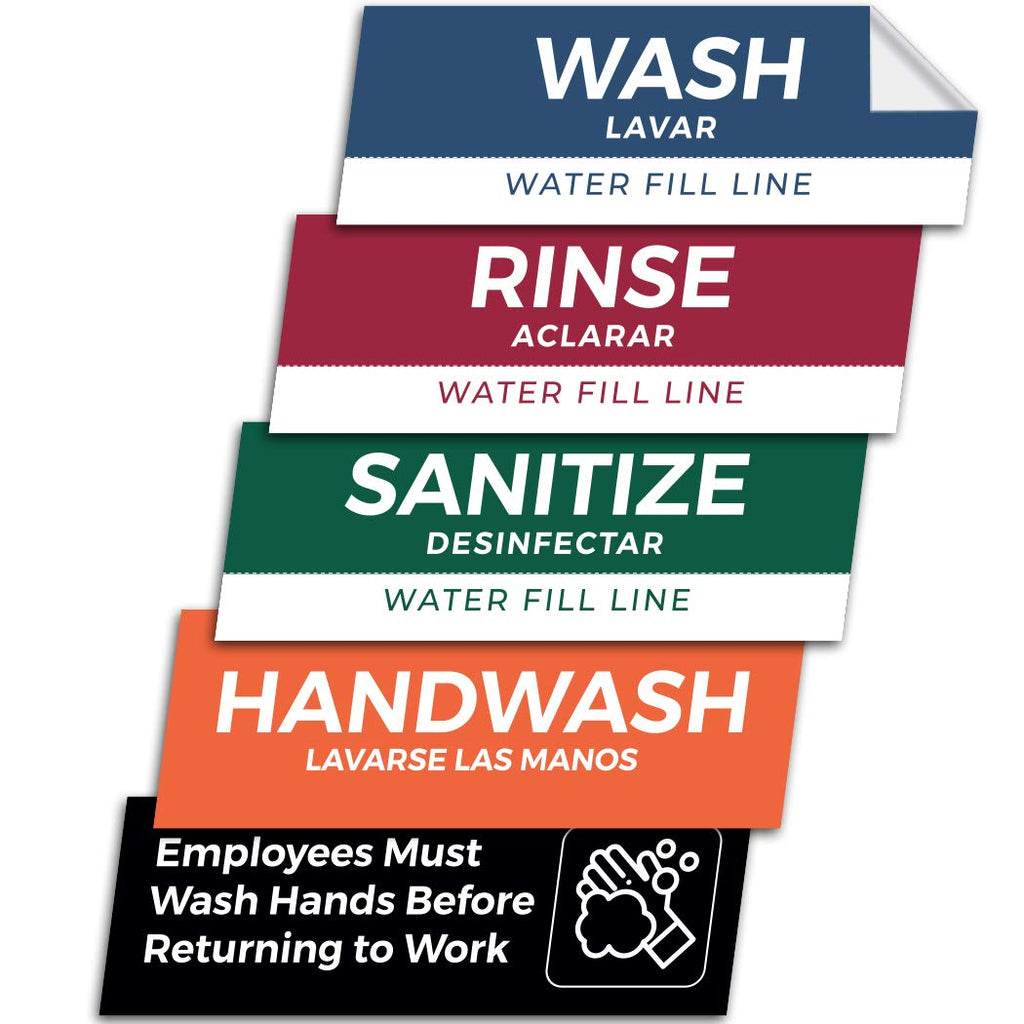 [Australia - AusPower] - Pixelverse Design - Wash Rinse Sanitize Handwash Stickers - Great for Restaurants, Commercial Kitchens, 3 Sink Compartments - 3x9 Inches - 5 Pack Set - Includes BONUS Employee Must Wash Hands 3 x 9 inches (5 Pack) 