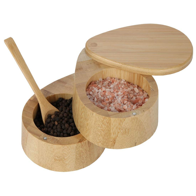 [Australia - AusPower] - Lily's Home Two Tiered Bamboo Wood Salt And Pepper Spice Box Set With Matching Spoon and Magnetic Lid 