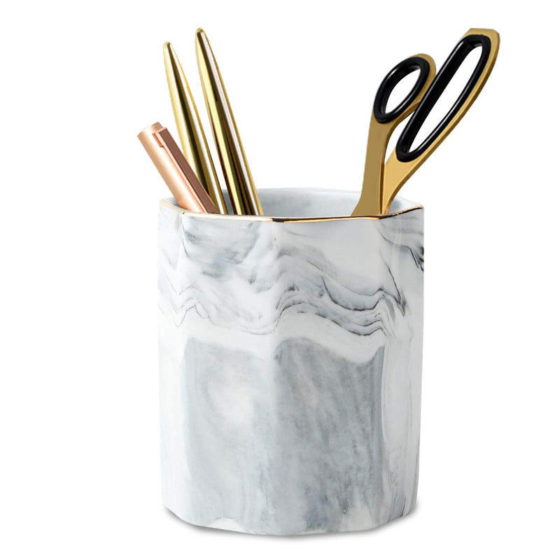 [Australia - AusPower] - WAVEYU Pen Holder, Stand for Desk Marble Pattern Pencil Cup for Girls Kids Durable Ceramic Desk Organizer Makeup Brush Holder for Office, Classroom, Home, Gray Marble 