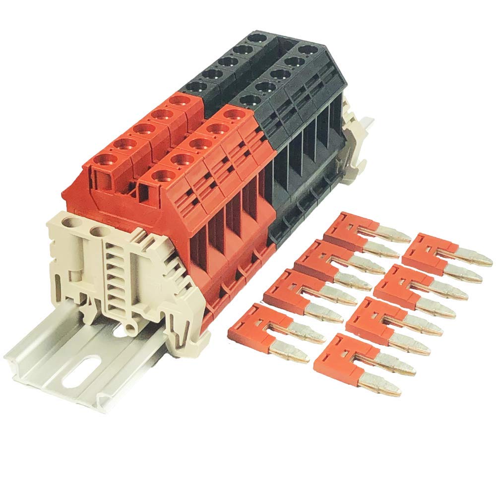 [Australia - AusPower] - Dinkle Assembly Kit DK10N Red/Black 10 Gang with Jumpers DIN Rail Terminal Blocks, 6-20 AWG, 60 Amp, 600 Volt 