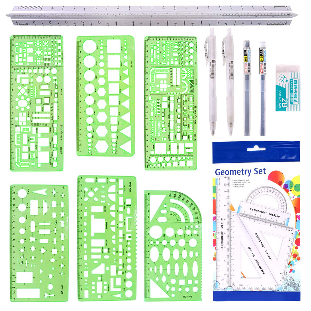 [Australia - AusPower] - Hilitchi 16 Pcs Pack Plastic Measuring Templates Building Formwork Stencils Geometric Building Furniture Drawing Template Geometry Rulers and Drafting Scale Ruler with Eraser Pencil and Refills 