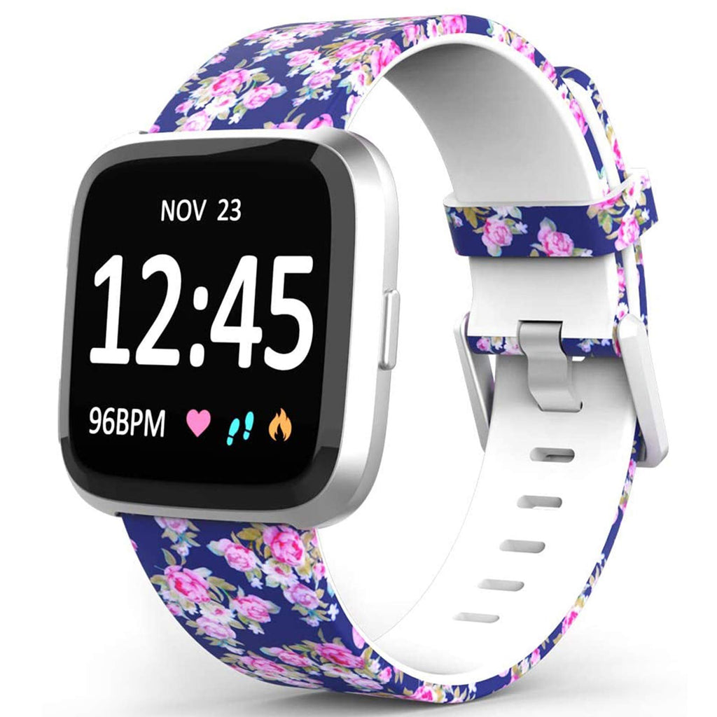 [Australia - AusPower] - TreasureMax Bands Compatible with Fitbit Versa/Fitbit Versa 2/Fitbit Versa Lite for Women Men,Silicone Fadeless Pattern Printed Replacement Floral Bands for Fitbit Versa Smart Watch Large(7.2" -8.7") Blue rose 