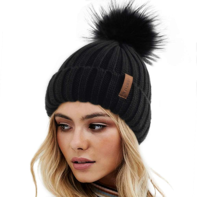 [Australia - AusPower] - FURTALK Womens Winter Knitted Beanie Hat with Faux Fur Pom Warm Knit Skull Cap Beanie for Women… 01-black 