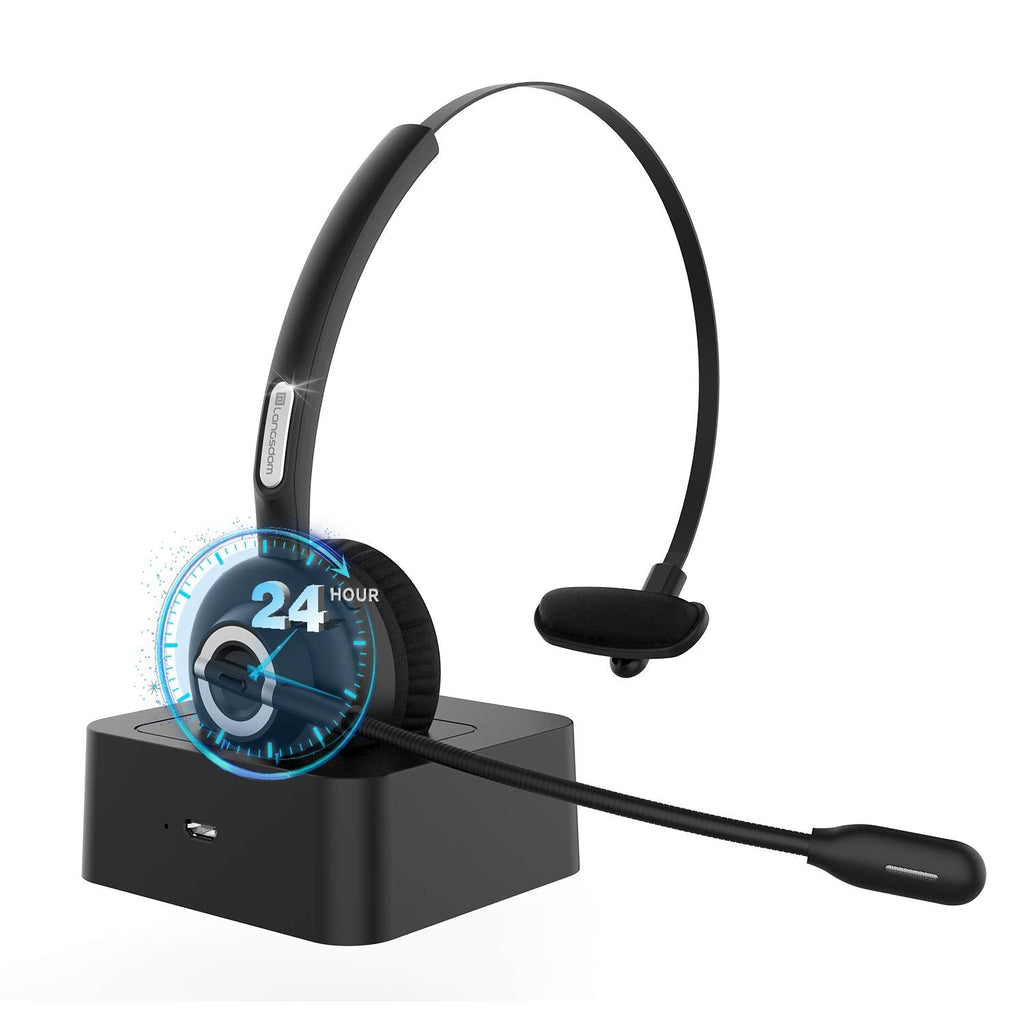 [Australia - AusPower] - Bluetooth Headset, Langsdom Trucker Wireless Headset with Microphone Up to 24 Hrs Talk Time for Cell Phones, Large Capacity Battery Bluetooth Headphones for Office, Computer, iPhone, Android, Laptop Black 