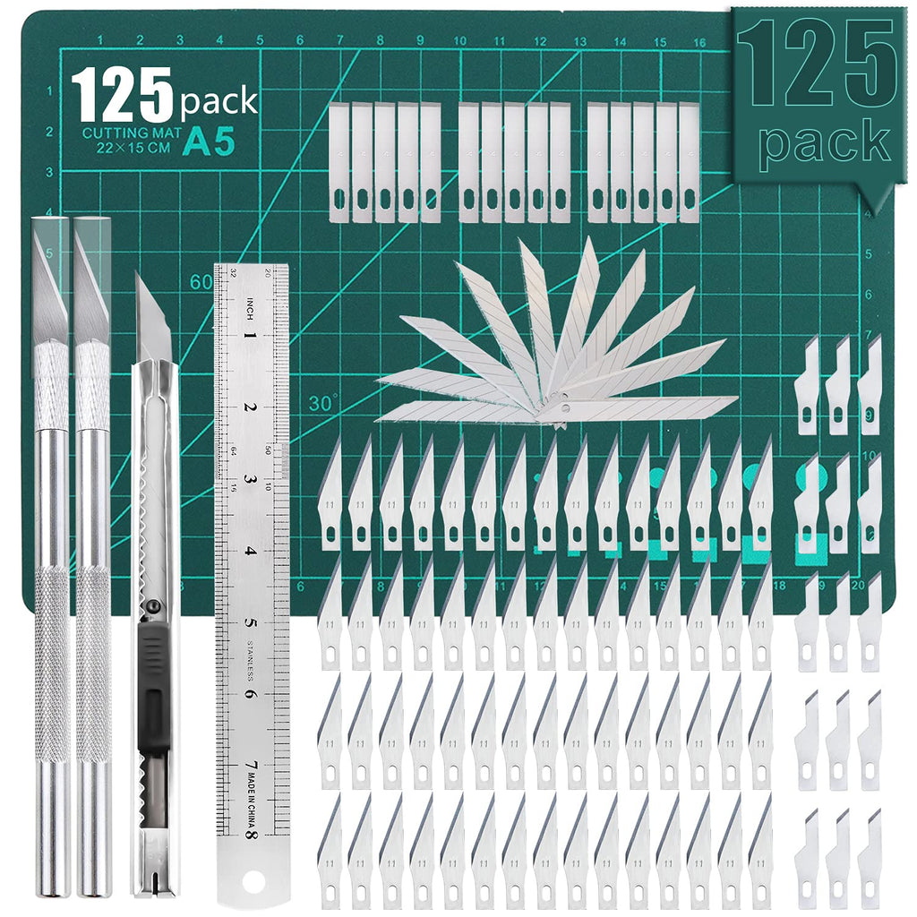 [Australia - AusPower] - 125 PCS Precision Carving Craft Hobby Knife Kit Include 110 PCS Carving Blades with 2 Handles, 11PCS SK5 Art Blades with 1 Handles, Cutting Board, Steel Rule for DIY Art Work Cutting, Hobby, Scrapbook 