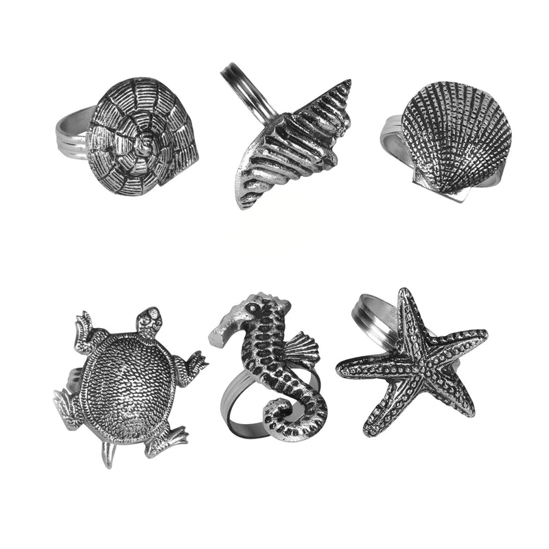 [Australia - AusPower] - Coastal Theme Sea Shells Metal Napkin Rings - Set of 6 for Dinner Parties, Weddings Receptions, Family Gatherings, or Everyday Use - Set Your Style with Daily Use Table Décor Accessories (Antique) Antique Silver 6- Pack 