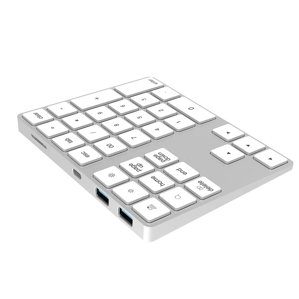 [Australia - AusPower] - Wired/Bluetooth Numeric Keypad, Portable Wireless Bluetooth 34-Key External Number Pad with 2 USB 3.0 Interface for Computer Laptop Windows, OS, Android(Silver) Silver 