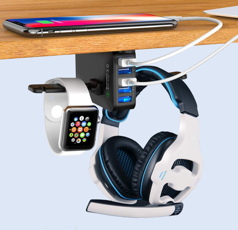 [Australia - AusPower] - Headphone Stand with USB Charger QC 3.0, Ausfore Under Desk Headset Headphone Holder Hanger w/ 5 USB Ports for Computer Desk Gaming Setup Gaming PC Accessories 
