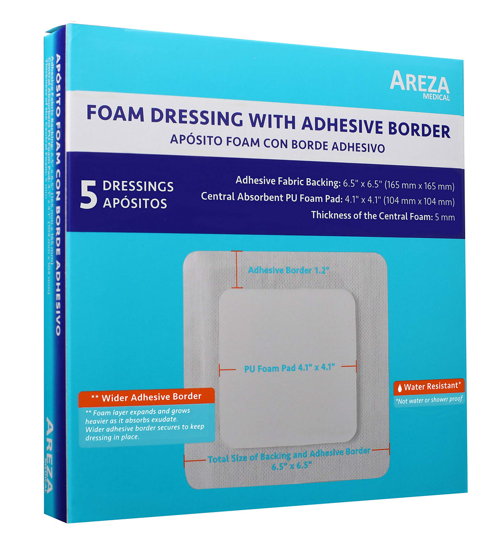 [Australia - AusPower] - Foam Wound Dressing with Adhesive Border 6.5" x 6.5" Central Foam: 4.1" x 4.1" Thickness 5 mm 5 per Box by Areza Medical 