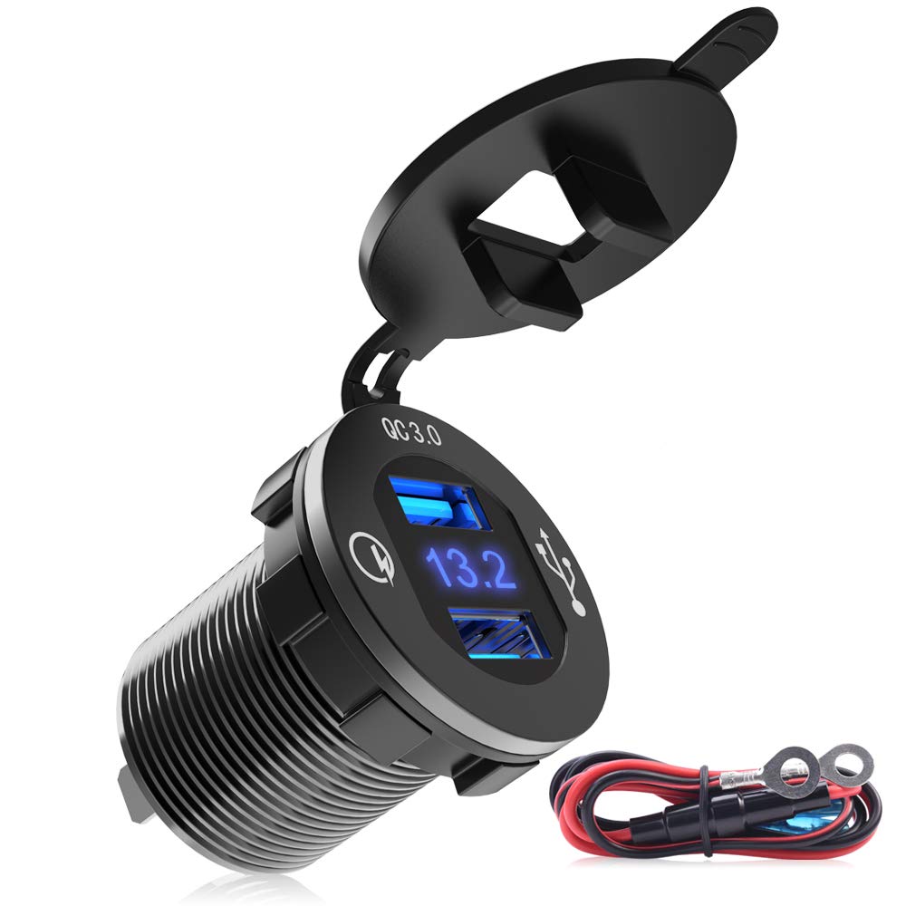 [Australia - AusPower] - MICTUNING Quick Charge 3.0 Car Charger 12V-24V 36W Waterproof Aluminum Dual USB Socket with LED Digital Voltmeter and Wire Fuse kit for Car Marine, Boat, Motorcycle, Truck and More 