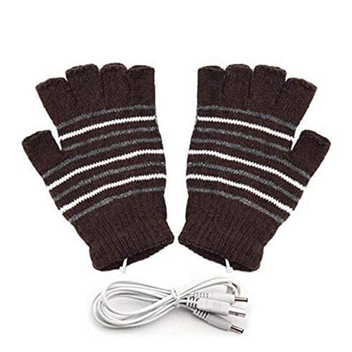 [Australia - AusPower] - Kbinter USB 2.0 Powered Stripes Heating Pattern Knitting Wool Cute Heated Gloves Fingerless Hands Warmer Mittens Laptop Computer Warm Gloves for Women Men Girls Boys (Brown) Brown 