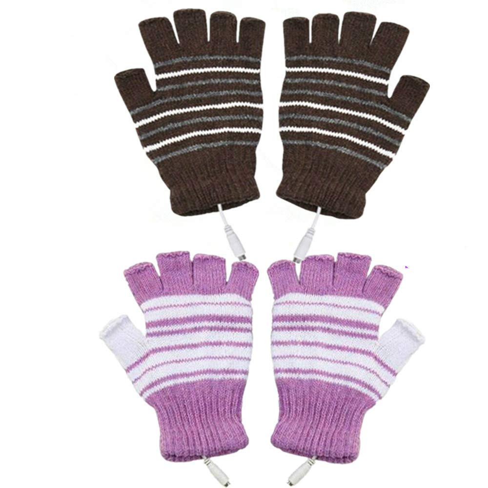 [Australia - AusPower] - Kbinter USB 2.0 Powered Stripes Heating Pattern Knitting Wool Cute Heated Gloves Fingerless Hands Warmer Mittens Laptop Computer Warm Gloves for Women Men Girls Boys 2 Pack (Purple+Brown) Purple+Brown 