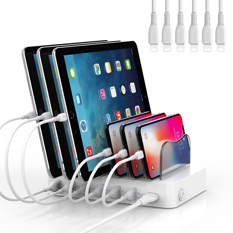 [Australia - AusPower] - SooPii Premium 6-Port USB Charging Station for Multiple Devices, 6 Charging Cables Included, Compatible with lPad lPhone lPod, for Phones, Tablets, and Other Electronics, White 
