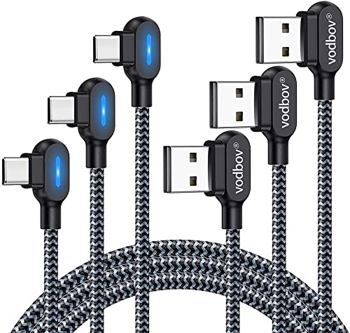 [Australia - AusPower] - Vodbov USB C Fast Charger 90° Cable Led 3 Pack 4 feet 6 feet 10 feet Type C Braiding USB-C to USB-A for Right Angle Elbow MacBook Black Cords 4ft/6ft/10ft 