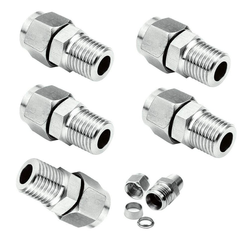 [Australia - AusPower] - Beduan 304 Stainless Steel Compression Fitting Ferrule, 3/8" Tube OD x 1/4 " NPT Male, Straight Adapter Connect with Double Ferrules (Pack of 5) 1/4 NPT x 3/8"OD(5 Pcs) 