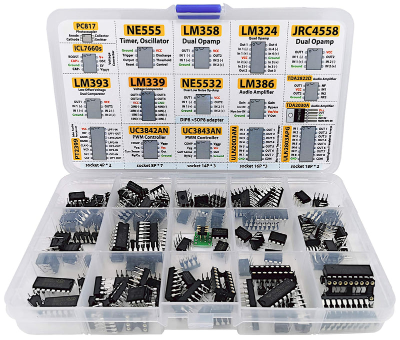 [Australia - AusPower] - XL IC Chip Assortment 150 pcs, opamp, oscillator, pwm, PC817, NE555, LM358, LM324, JRC4558, LM393, LM339, NE5532, LM386, TDA2030, TDA2822, PT2399, UC3842, UC3843, ULN2003, ULN2803, 7660, Sockets 