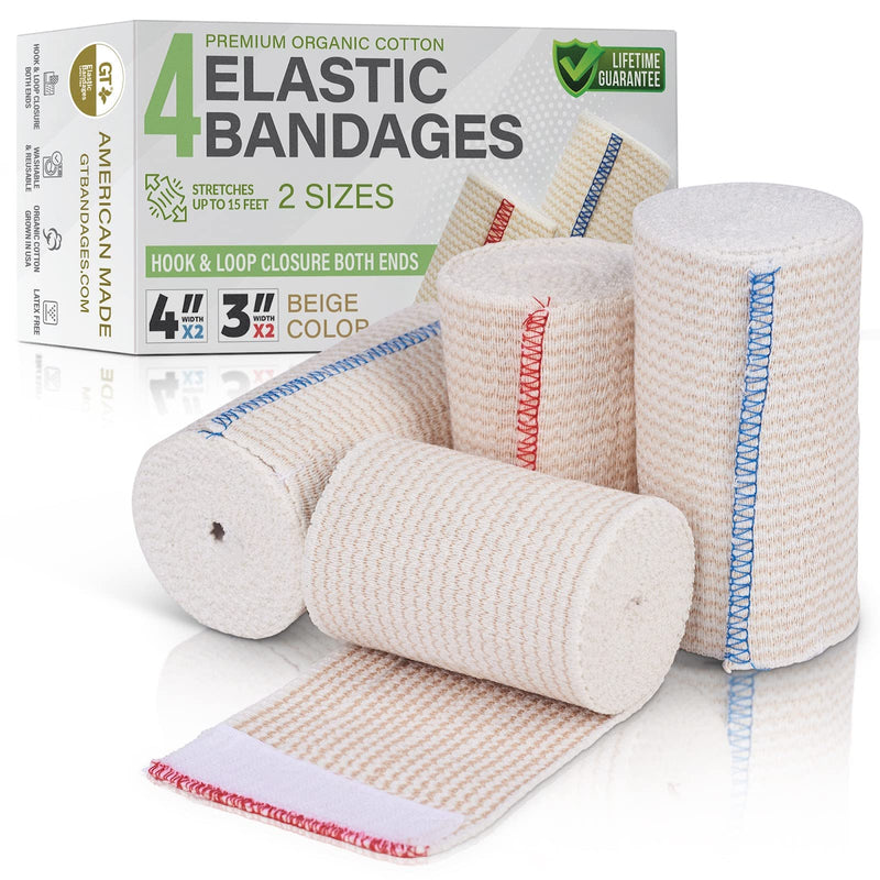 [Australia - AusPower] - Premium Elastic Bandage Wrap Made of USA Grown Organic Cotton - Set of Two 4 inch & Two 3 inch GT Wraps - Hook & Loop Fasteners at Both Ends - Hypoallergenic Compression Roll for Sprains & Injuries Beige Double Hook & Loop 