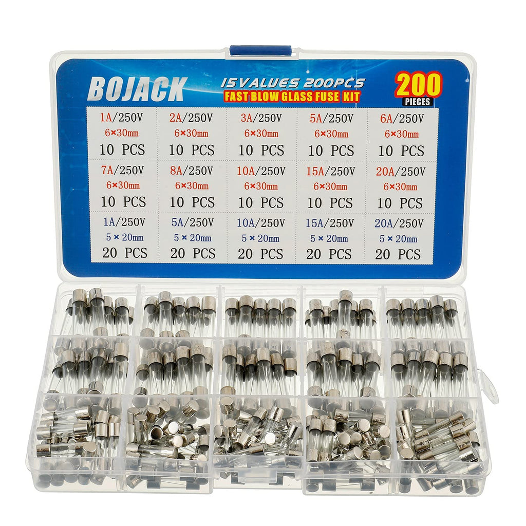 [Australia - AusPower] - BOJACK 15 Values 200 pcs Fast-Blow Glass Fuses Assortment Kit 5x20mm 250V 1 5 10 15 20A 6x30mm 250V 1 2 3 5 6 7 8 10 15 20A amp packag in a Clear Plastic Box 