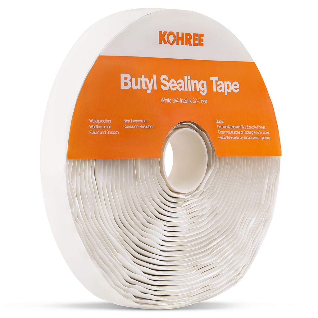 [Australia - AusPower] - Kohree Butyl Seal Tape RV Putty Rubber Sealant Tape White, 1/8-Inch x 3/4-Inch x 30-Foot, Leak Proof Butal Tape for RV Repair, Window, Boat Sealing, Glass and EDPM Rubber Roof Patching 