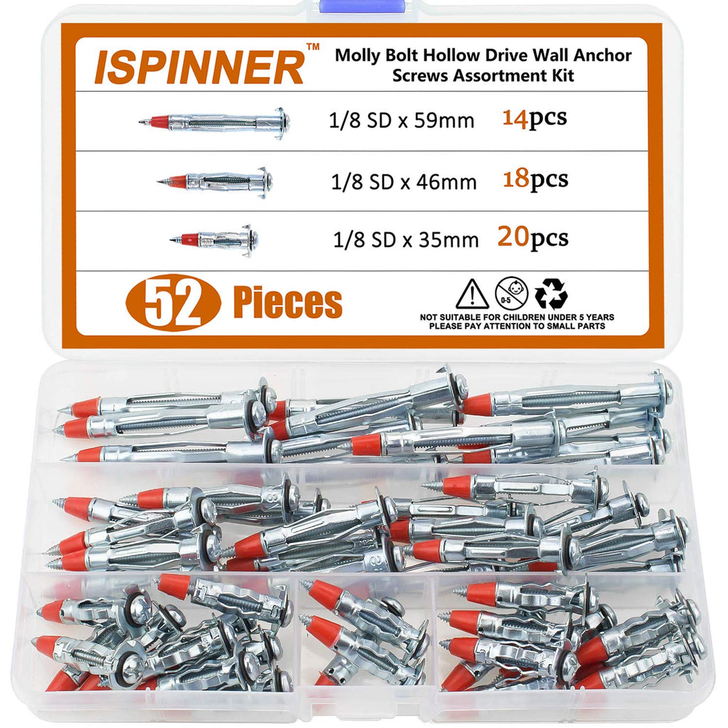 [Australia - AusPower] - ISPINNER 52pcs Zinc Plated Steel Hollow Wall Drive Anchor Screws Assortment Kit for Drywall 35mm 46mm 59mm 